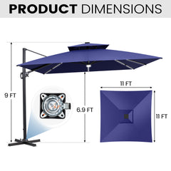 11x11 ft Square Aluminum Cantilever Patio Umbrella with LED Strip Lights & Double Top (Base Options)