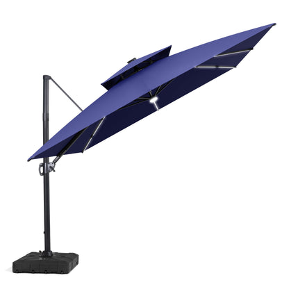 Crestlive Products 11 x 11 ft Aluminum Double Top Crank Cantilever Patio Umbrella with LED Strip Lights and Base Options