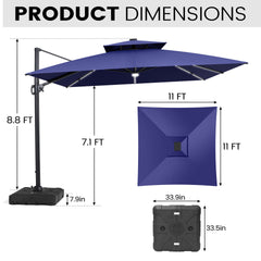 11x11 ft Square Aluminum Cantilever Patio Umbrella with LED Strip Lights & Double Top (Base Options)
