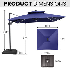 11x11 ft Square Aluminum Cantilever Patio Umbrella with LED Strip Lights & Double Top (Base Options)