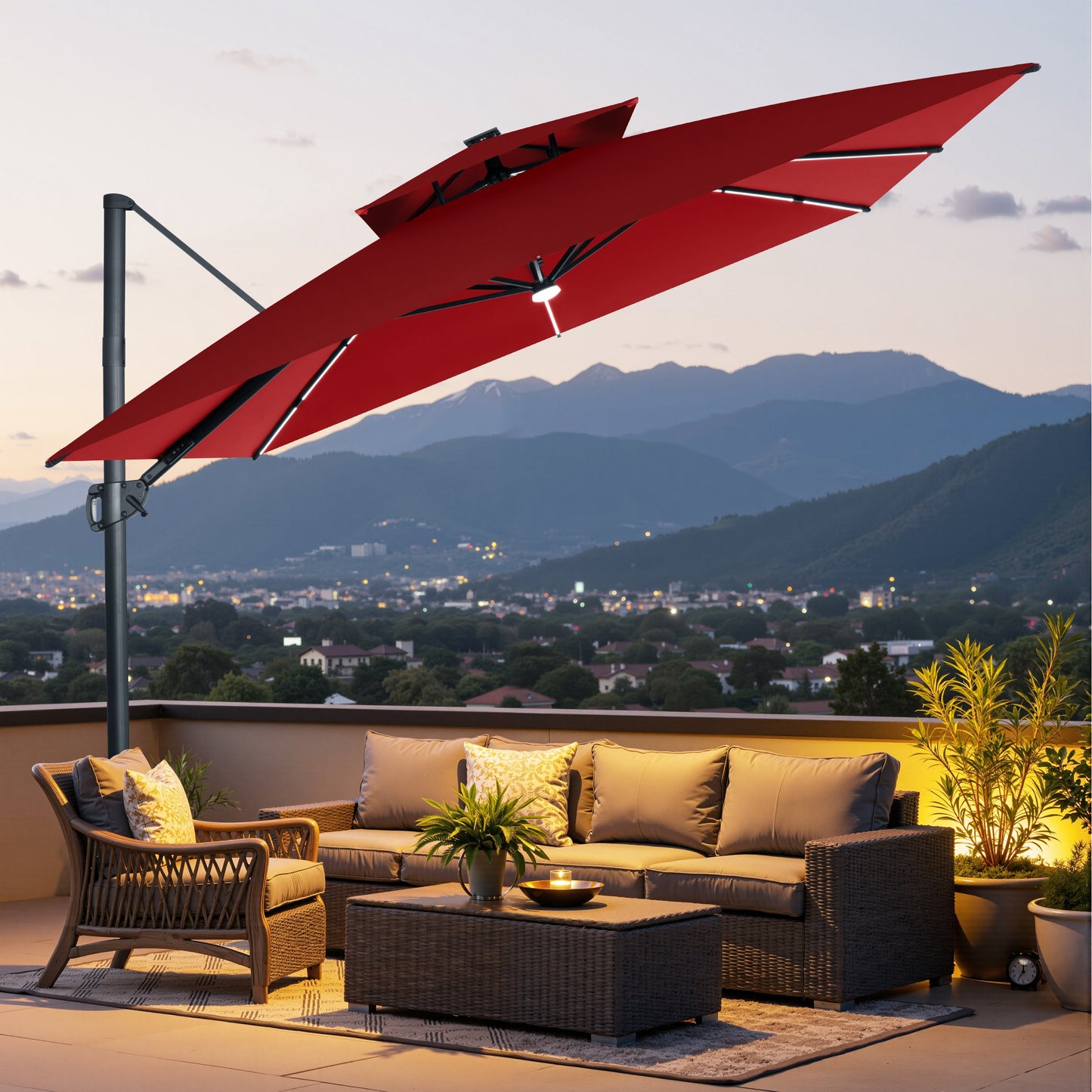 Crestlive Products 11 x 11 ft Aluminum Double Top Crank Cantilever Patio Umbrella with LED Lights