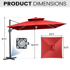 11x11 ft Square Aluminum Cantilever Patio Umbrella with LED Strip Lights & Double Top (Base Options)