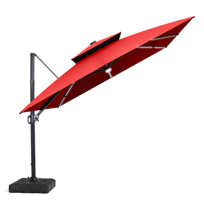 Crestlive Products 11 x 11 ft Aluminum Double Top Crank Cantilever Patio Umbrella with LED Strip Lights and Base Options