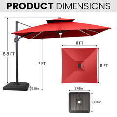 11x11 ft Square Aluminum Cantilever Patio Umbrella with LED Strip Lights & Double Top (Base Options)