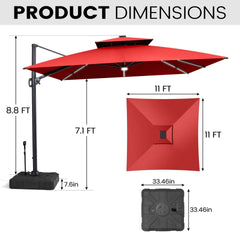 11x11 ft Square Aluminum Cantilever Patio Umbrella with LED Strip Lights & Double Top (Base Options)
