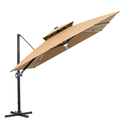 Crestlive Products 11 x 11 ft Aluminum Double Top Crank Cantilever Patio Umbrella with LED Strip Lights and Base Options