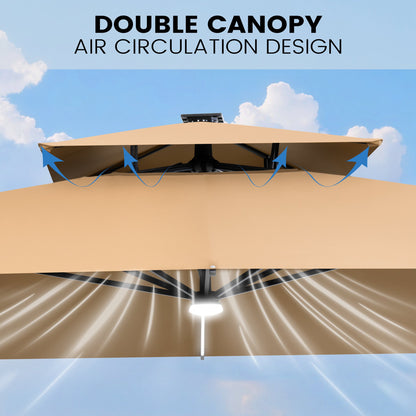 Crestlive Products 11 x 11 ft Aluminum Double Top Crank Cantilever Patio Umbrella with LED Strip Lights and Base Options