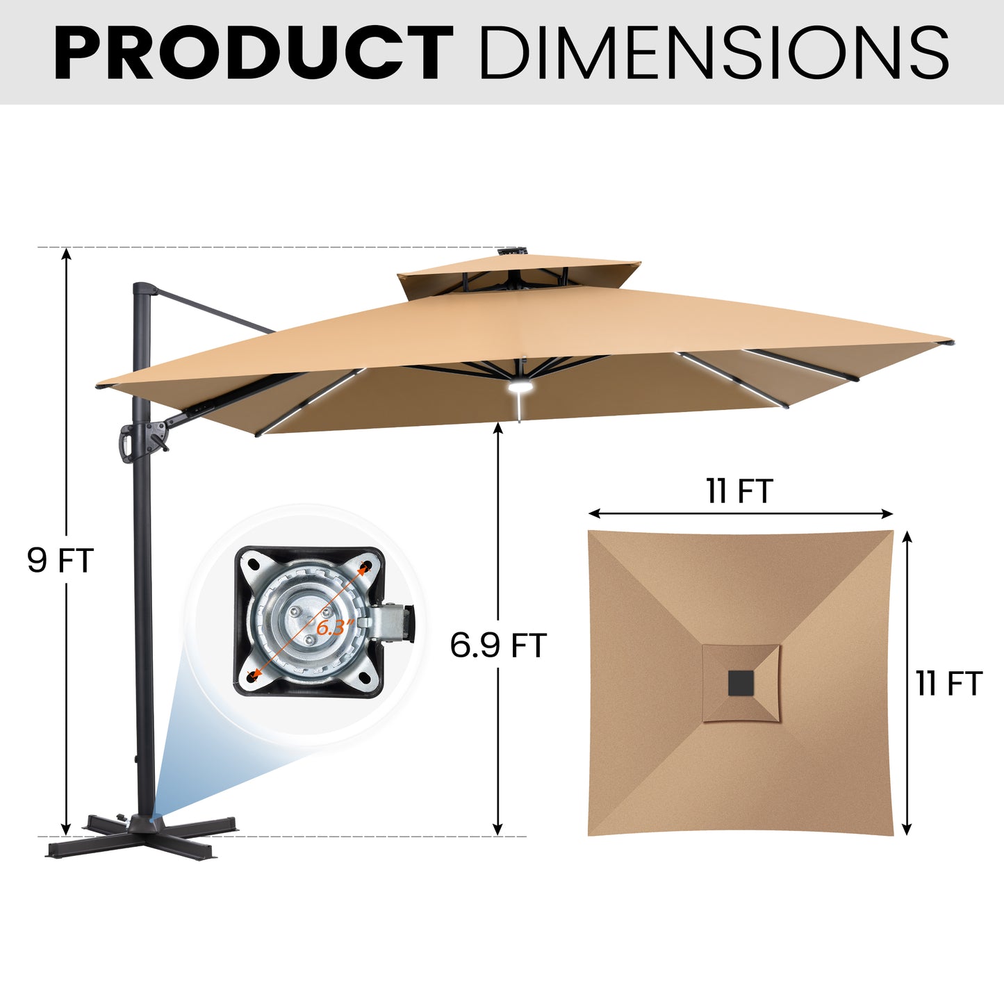 Crestlive Products 11 x 11 ft Aluminum Double Top Crank Cantilever Patio Umbrella with LED Strip Lights and Base Options