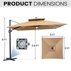 11x11 ft Square Aluminum Cantilever Patio Umbrella with LED Strip Lights & Double Top (Base Options)