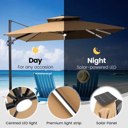 Crestlive Products 11 x 11 ft Aluminum Double Top Crank Cantilever Patio Umbrella with LED Strip Lights and Base Options