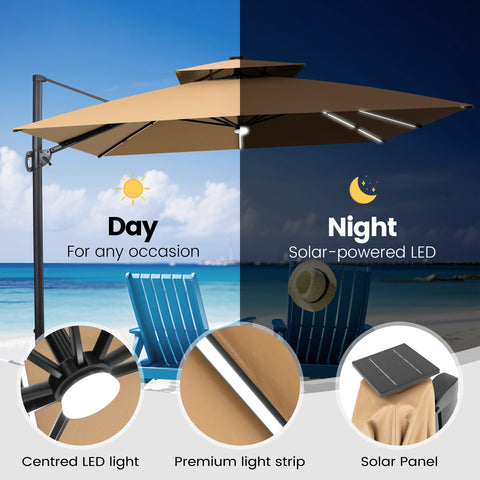 Crestlive Products 11 x 11 ft Aluminum Double Top Crank Cantilever Patio Umbrella with LED Strip Lights and Base Options
