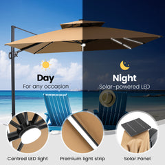 11x11 ft Square Aluminum Cantilever Patio Umbrella with LED Strip Lights & Double Top (Base Options)