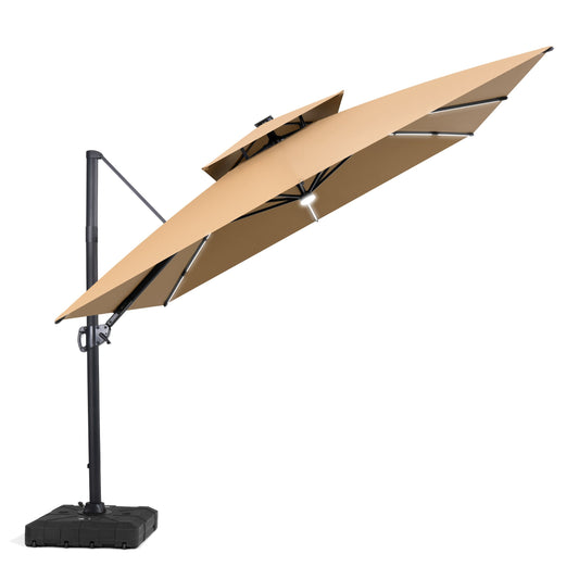 Crestlive Products 11 x 11 ft Aluminum Double Top Crank Cantilever Patio Umbrella with LED Strip Lights and Base Options