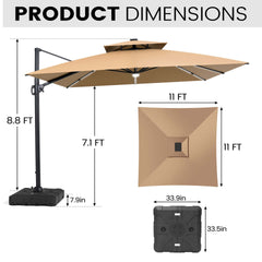11x11 ft Square Aluminum Cantilever Patio Umbrella with LED Strip Lights & Double Top (Base Options)