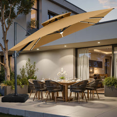 11x11 ft Square Aluminum Cantilever Patio Umbrella with LED Strip Lights & Double Top (Base Options)