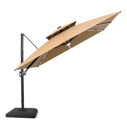 Crestlive Products 11 x 11 ft Aluminum Double Top Crank Cantilever Patio Umbrella with LED Strip Lights and Base Options