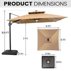 11x11 ft Square Aluminum Cantilever Patio Umbrella with LED Strip Lights & Double Top (Base Options)