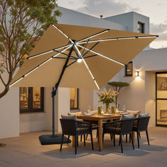 11x11 ft Square Aluminum Cantilever Patio Umbrella with LED Strip Lights & Double Top (Base Options)