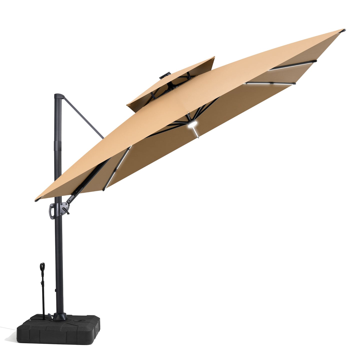 Crestlive Products 11 x 11 ft Aluminum Double Top Crank Cantilever Patio Umbrella with LED Strip Lights and Base Options