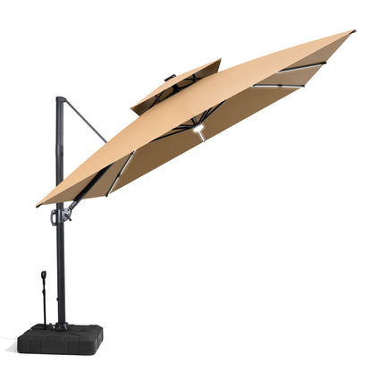 Crestlive Products 11 x 11 ft Aluminum Double Top Crank Cantilever Patio Umbrella with LED Strip Lights and Base Options