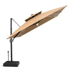 11x11 ft Square Aluminum Cantilever Patio Umbrella with LED Strip Lights & Double Top (Base Options)