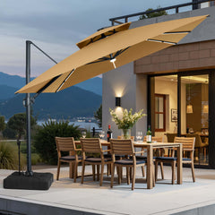 11x11 ft Square Aluminum Cantilever Patio Umbrella with LED Strip Lights & Double Top (Base Options)