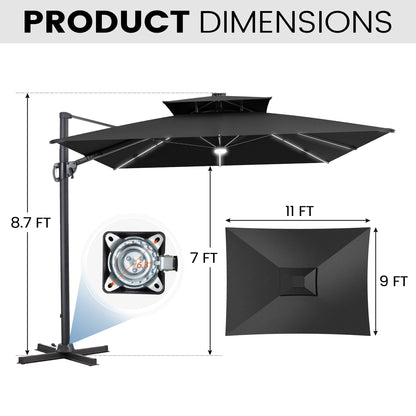 Crestlive Products 11 x 9 ft Aluminum Double Top Cantilever Patio Umbrella with LED Lights