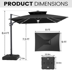 11x9 ft Aluminum Cantilever Patio Umbrella with Premium LED Strip Lights (Base Options)