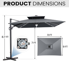 11x9 ft Aluminum Cantilever Patio Umbrella with Premium LED Strip Lights (Base Options)