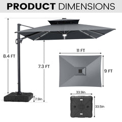 11x9 ft Aluminum Cantilever Patio Umbrella with Premium LED Strip Lights (Base Options)
