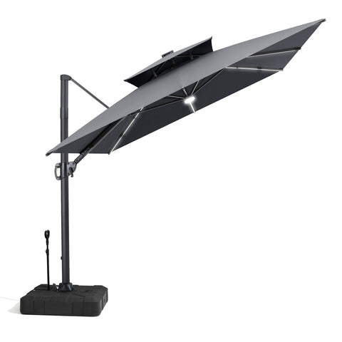 Crestlive Products 11 x 9 ft Aluminum Double Top Cantilever Patio Umbrella with LED Strip Lights and Base Options