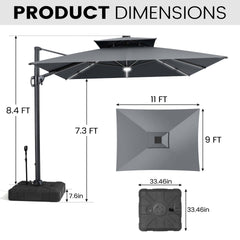 11x9 ft Aluminum Cantilever Patio Umbrella with Premium LED Strip Lights (Base Options)