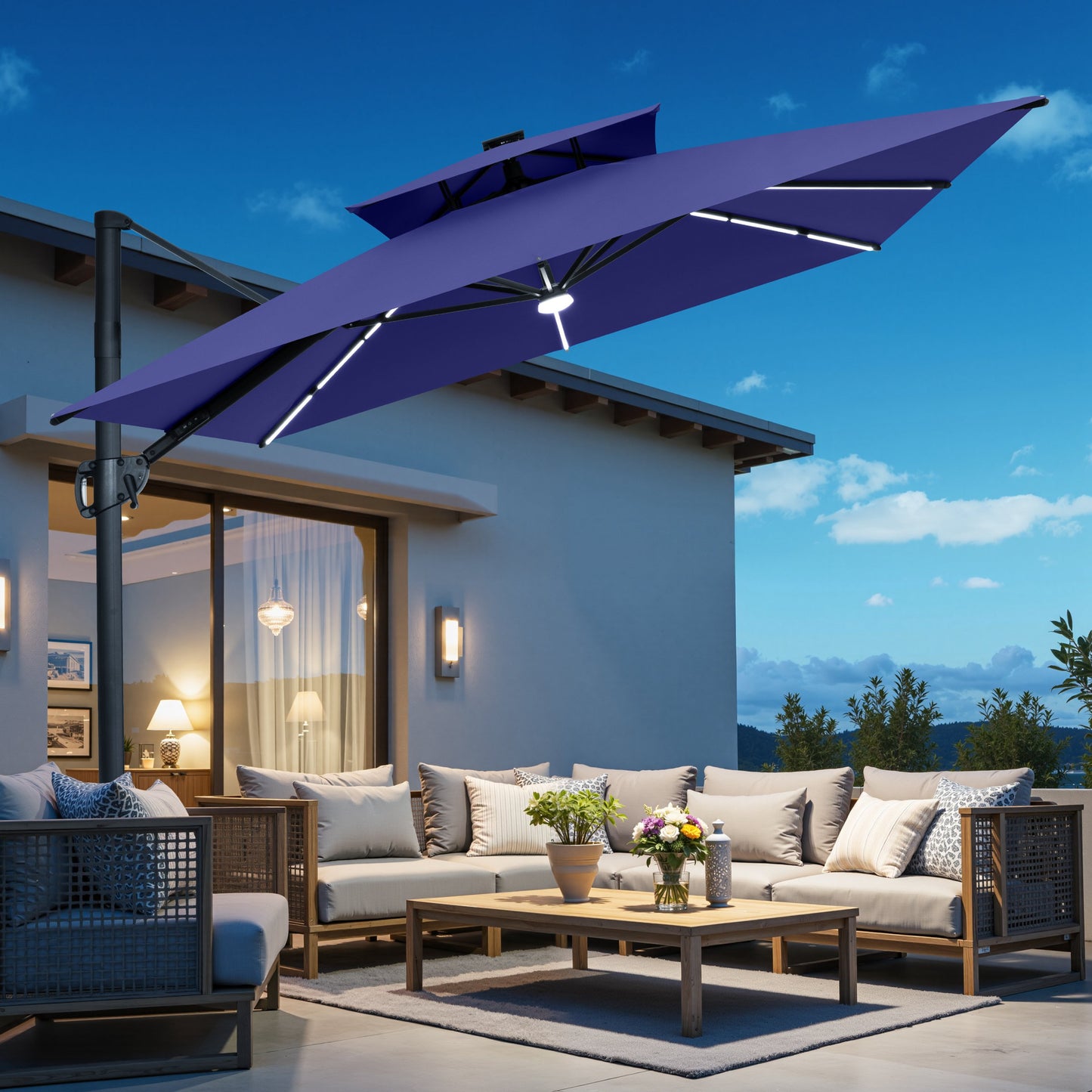Crestlive Products 11 x 9 ft Aluminum Double Top Cantilever Patio Umbrella with LED Lights
