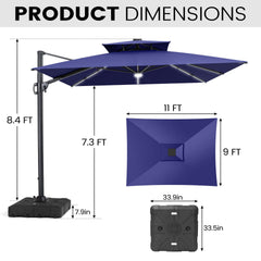 11x9 ft Aluminum Cantilever Patio Umbrella with Premium LED Strip Lights (Base Options)