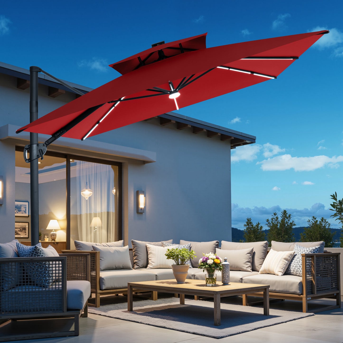 Crestlive Products 11 x 9 ft Aluminum Double Top Cantilever Patio Umbrella with LED Lights