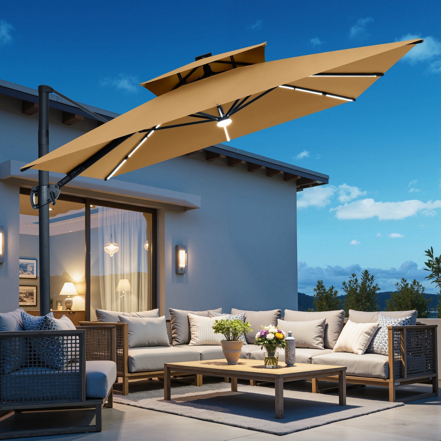 Crestlive Products 11 x 9 ft Aluminum Double Top Cantilever Patio Umbrella with LED Lights