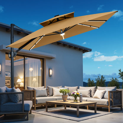 Crestlive Products 11 x 9 ft Aluminum Double Top Cantilever Patio Umbrella with LED Strip Lights and Base Options
