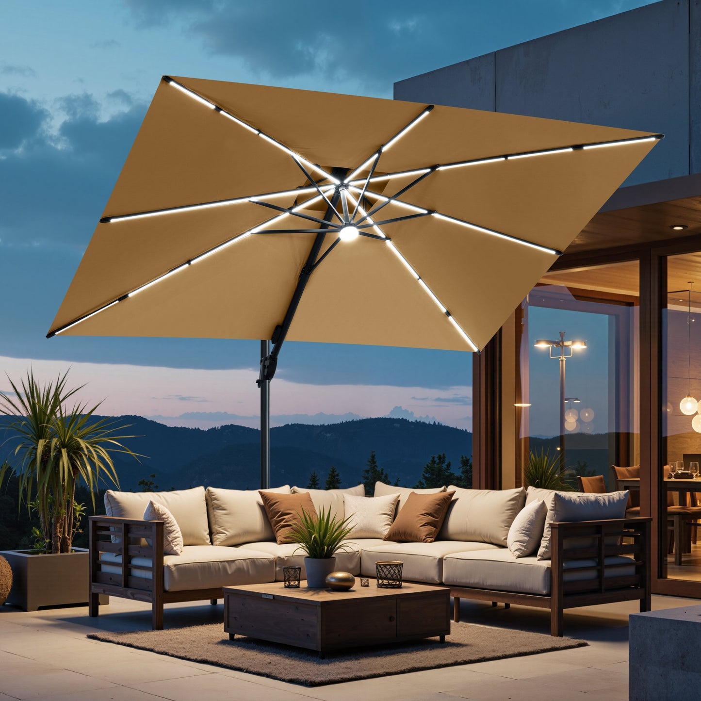 Crestlive Products 11 x 9 ft Aluminum Double Top Cantilever Patio Umbrella with LED Strip Lights and Base Options