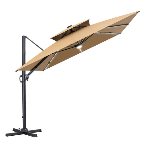 Crestlive Products 11 x 9 ft Aluminum Double Top Cantilever Patio Umbrella with LED Strip Lights and Base Options