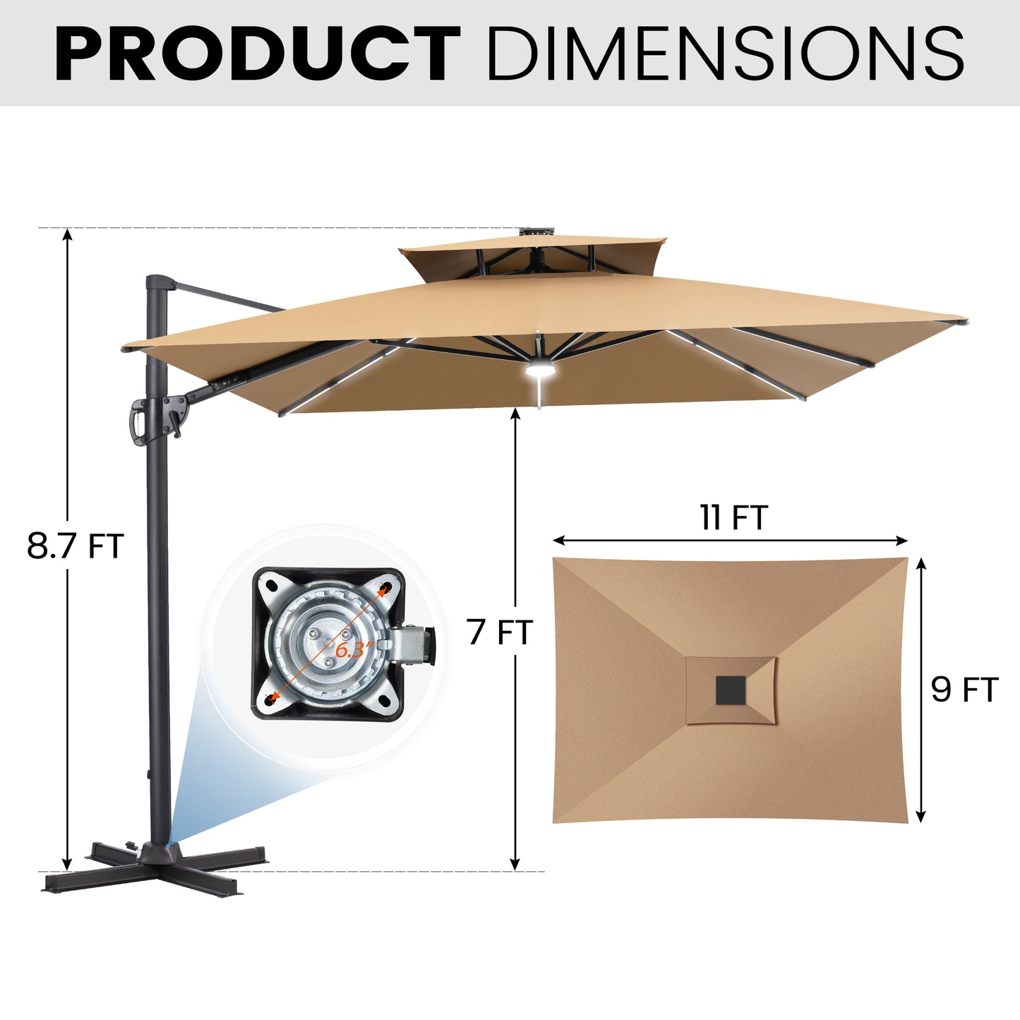 Crestlive Products 11 x 9 ft Aluminum Double Top Cantilever Patio Umbrella with LED Strip Lights and Base Options