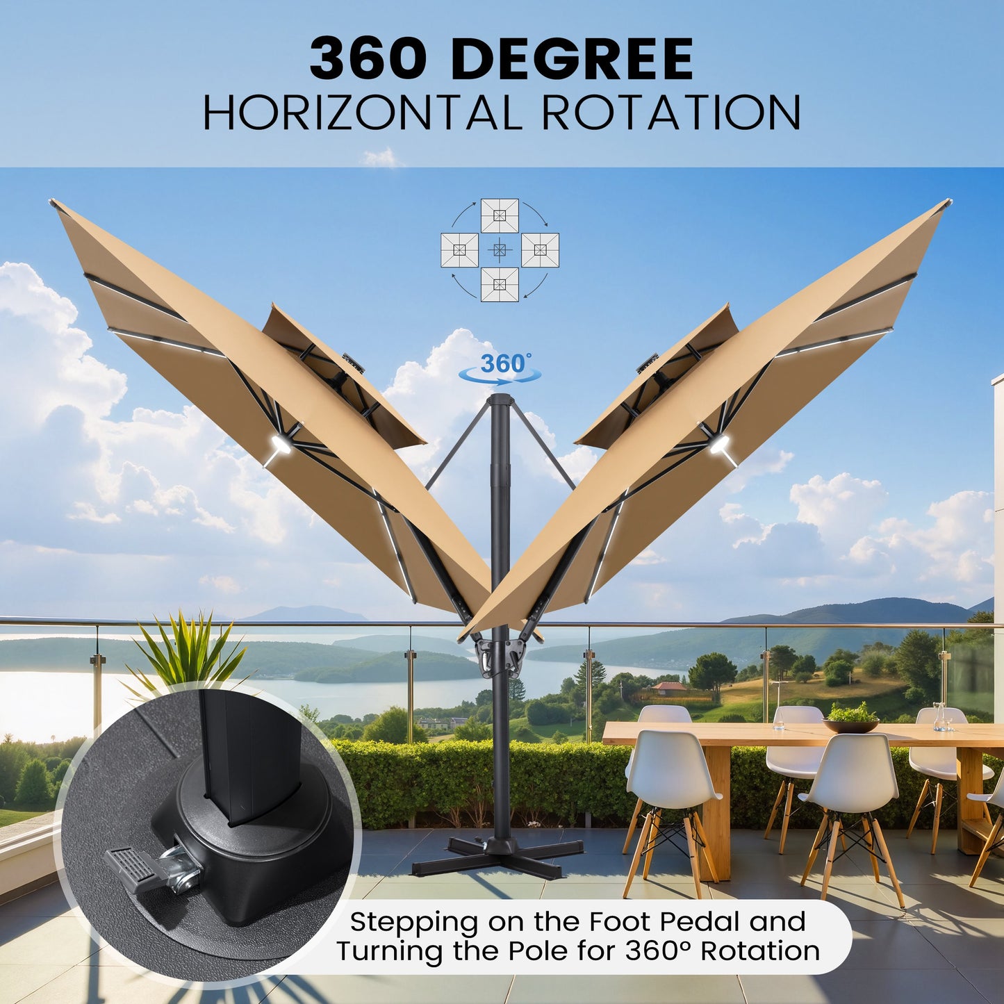 Crestlive Products 11 x 9 ft Aluminum Double Top Cantilever Patio Umbrella with LED Strip Lights and Base Options
