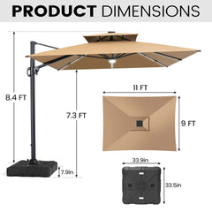 11x9 ft Aluminum Cantilever Patio Umbrella with Premium LED Strip Lights (Base Options)