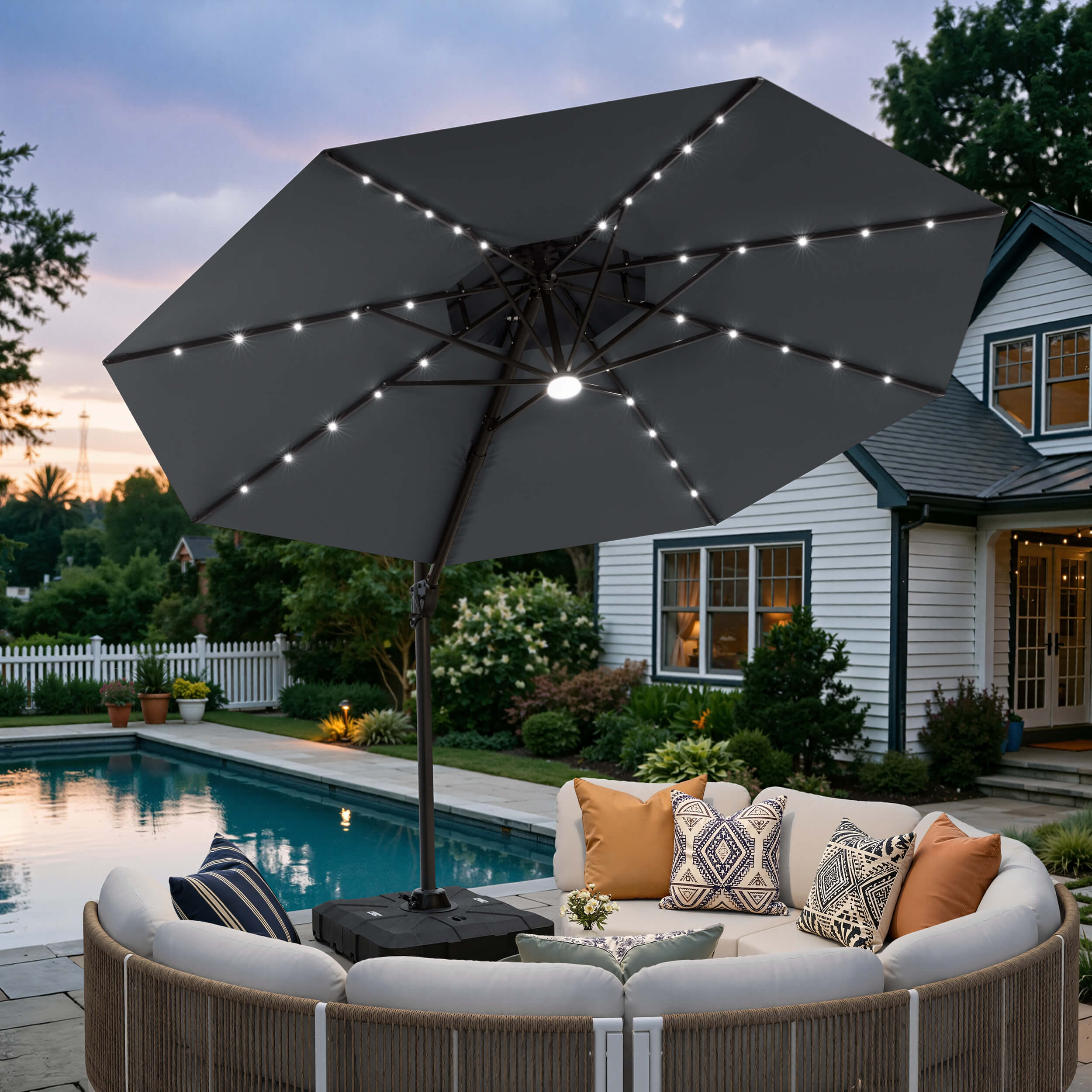 11x11 ft Aluminum Cantilever Patio Umbrella with LED Lights & Double Top (Base Options) Navy Blue / Pull-Handle Base