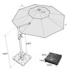 11x11 ft Aluminum Cantilever Patio Umbrella with LED Lights & Double Top (Base Options)