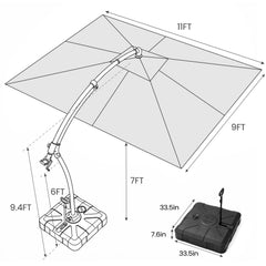 11x9ft Aluminum Cantilever Patio Umbrella (Base Options)