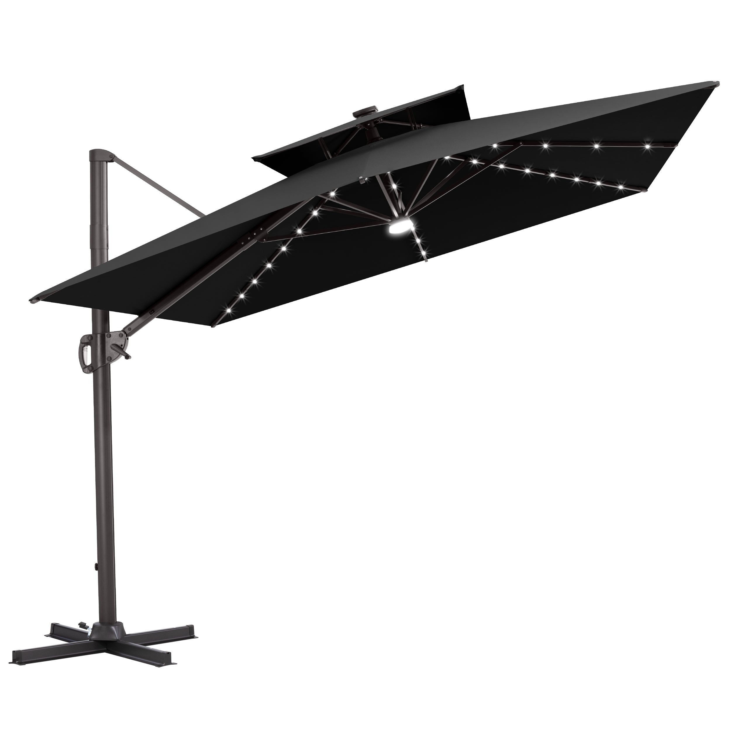 Tilted Crestlive 12x9 ft black lighted cantilever patio umbrella with solar LED lights and steel cross base