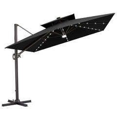 Tilted Crestlive 12x9 ft black lighted cantilever patio umbrella with solar LED lights and steel cross base