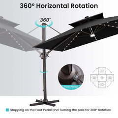 Diagram showing 360 degree horizontal rotation via foot pedal on black lighted cantilever umbrella with cross base