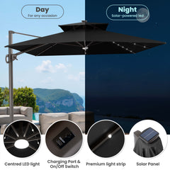 Day and night view of black lighted cantilever umbrella showing solar panel, LED light strips, and charging switch
