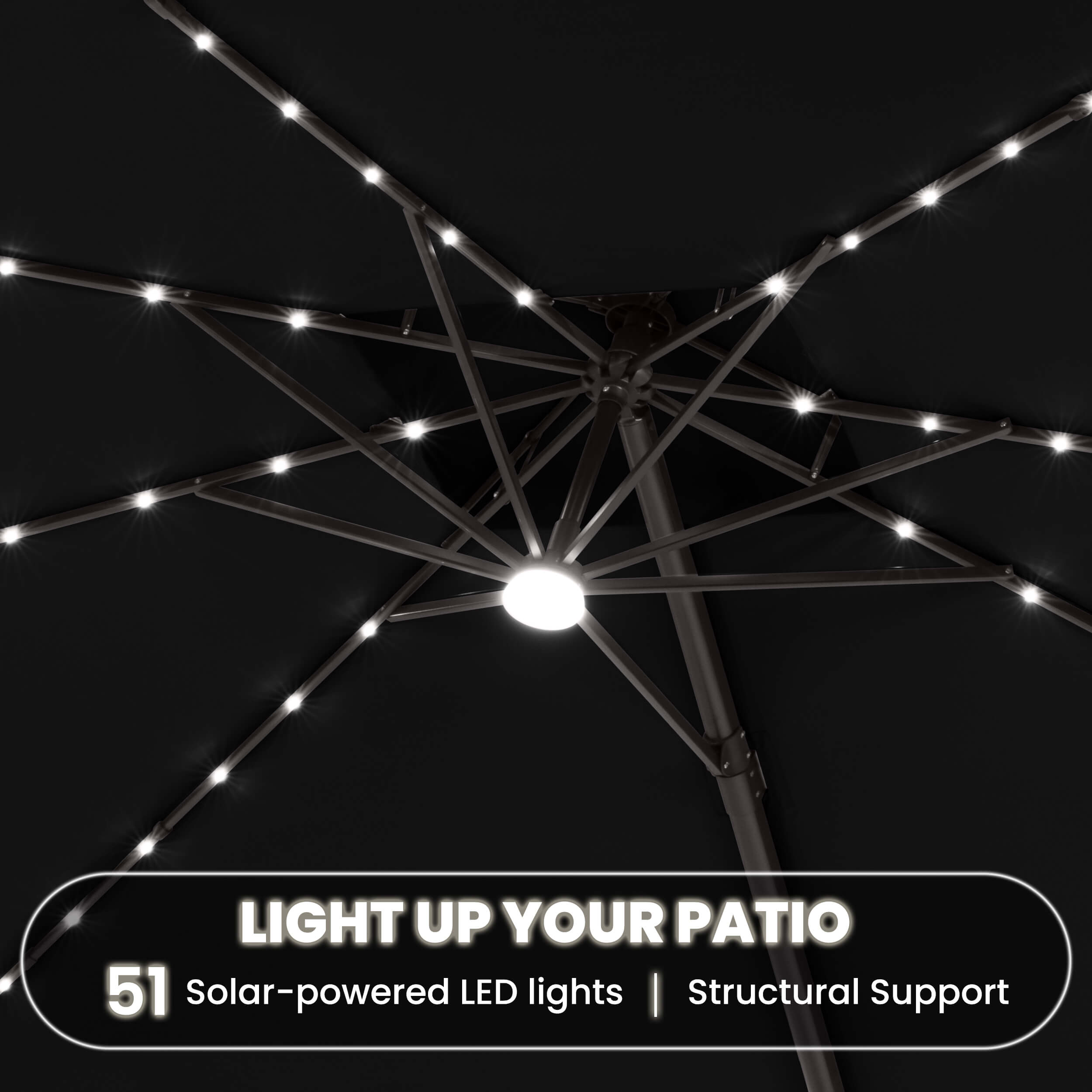 Close up of 51 solar-powered LED lights on the ribs of a black cantilever patio umbrella with center light